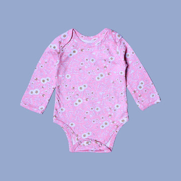 PINK FLOWERS PRINT COTTON JERSY FABRIC HALF BODY FULL SLEEVES ROMPER